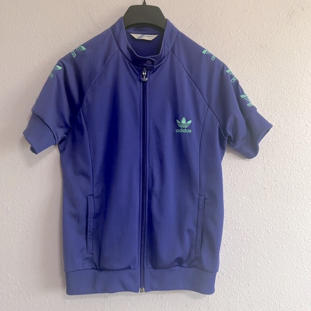 Vintage Adidas Blue and Green Women's Track Zip Top size Large